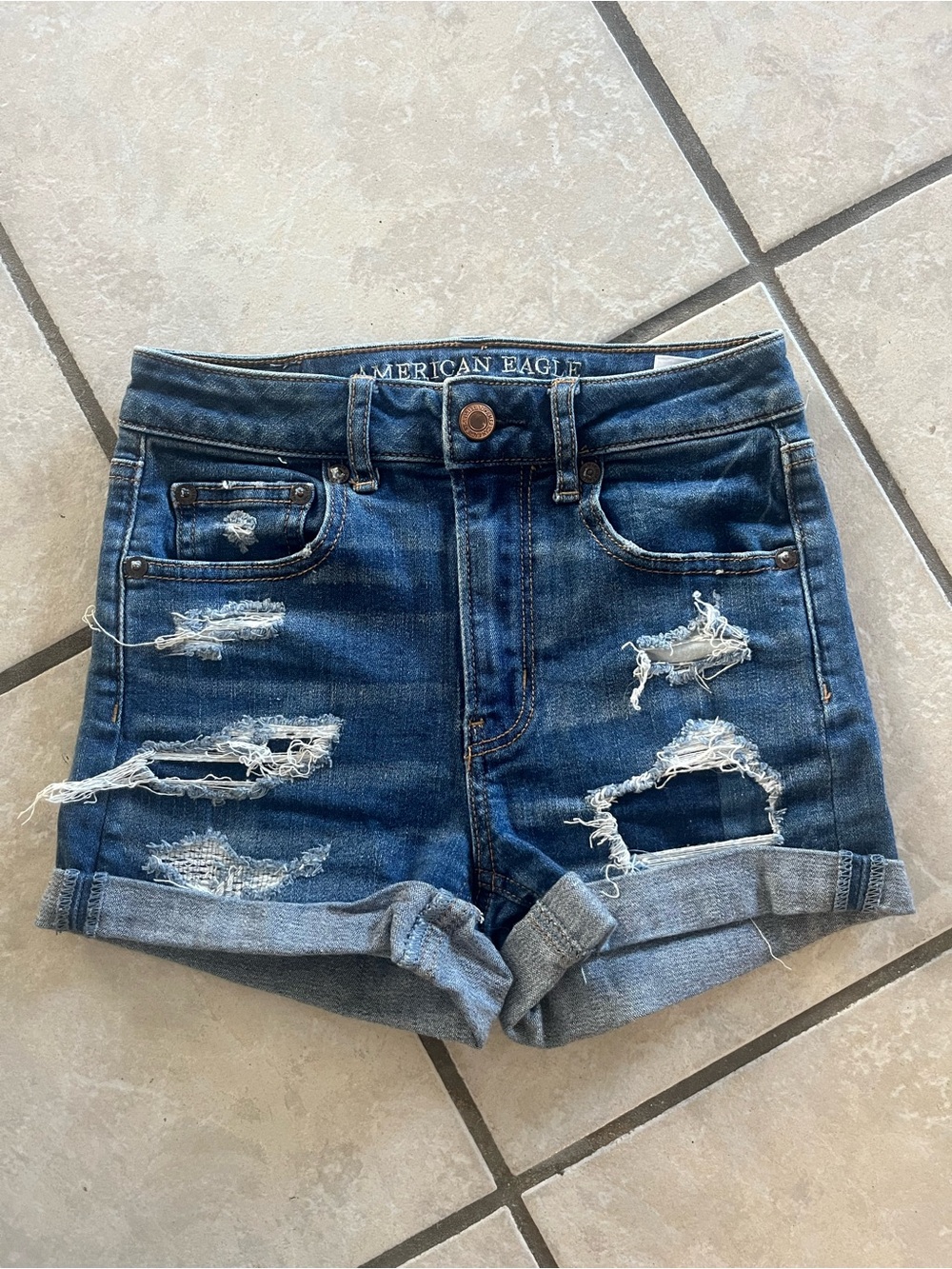 American Eagle Distressed Roll-Cuff Super Stretch High-Rise Denim Shorts